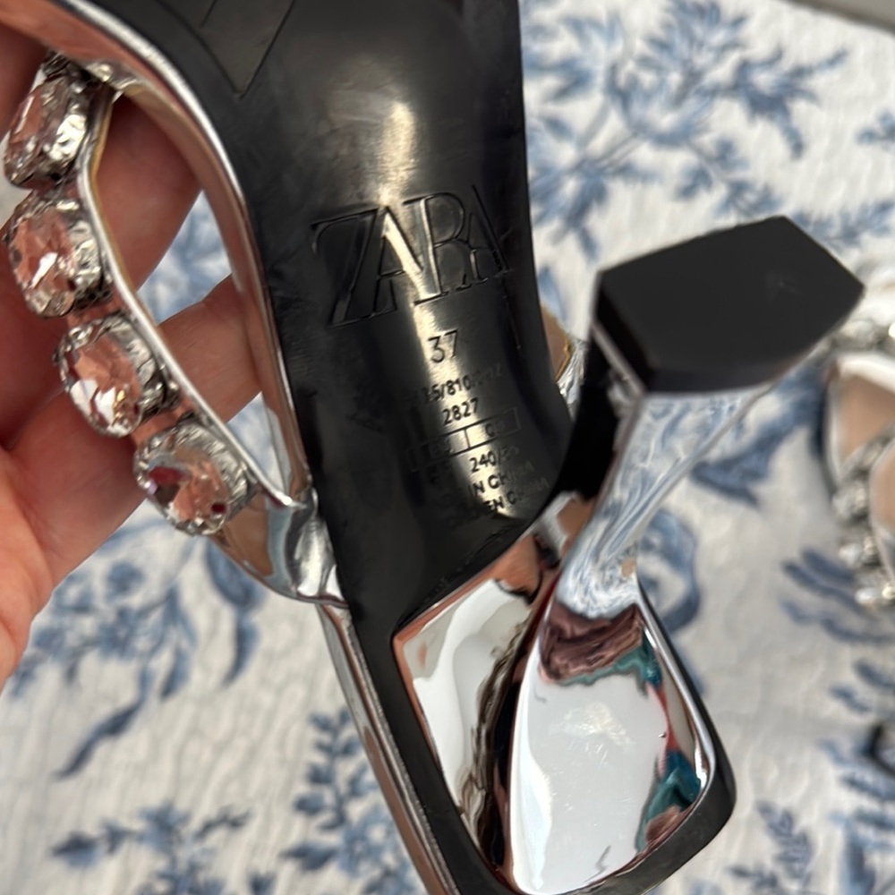 Zara Silver Metallic Jeweled Heels - Picture 9 of 12